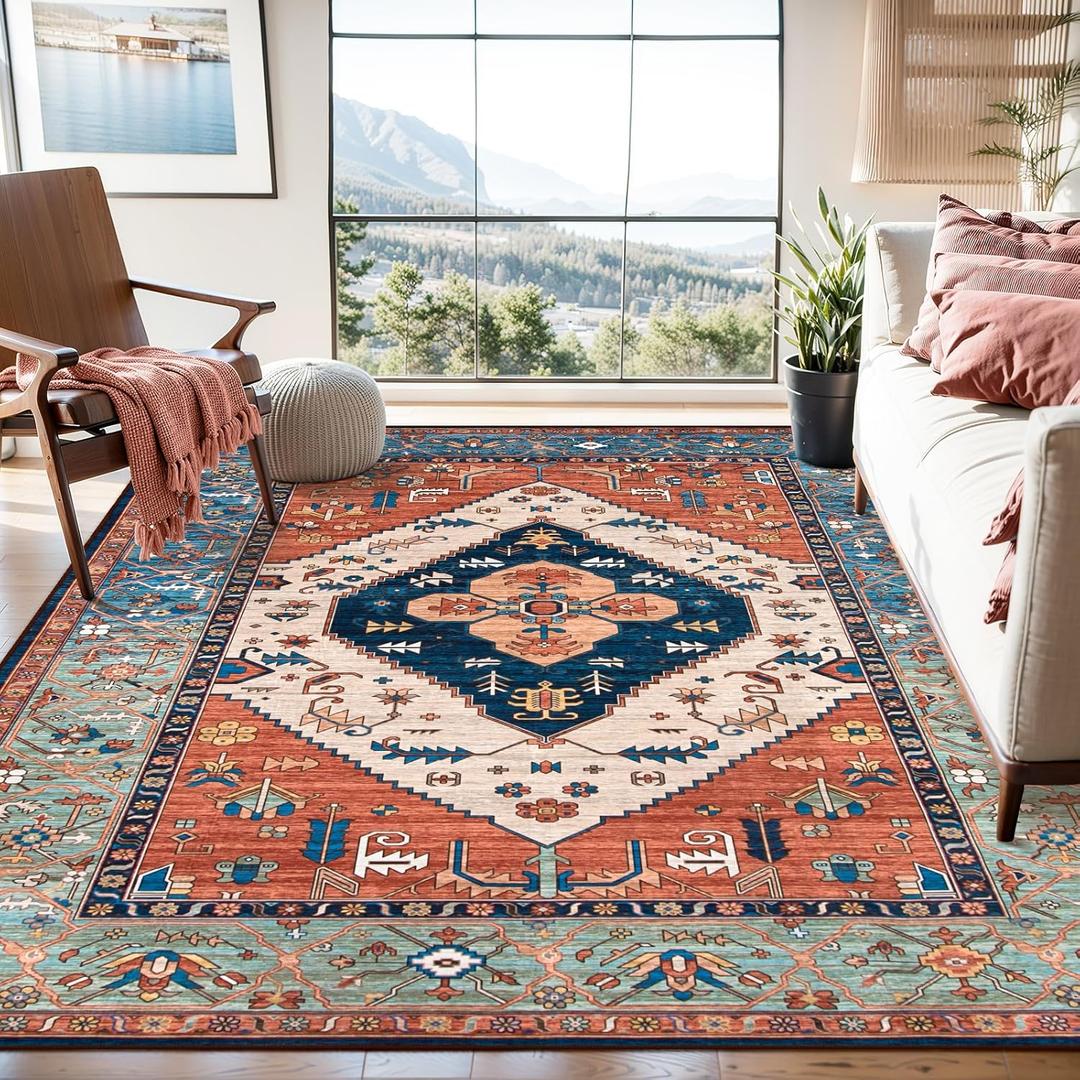 Lahome 8 x 10 Area Rugs for Living Room Boho Washable Non-Slip Backing Large Rug Ultra-Thin Stain Resistant Dining Room Rugs for Under Table, Oriental Print Rugs for Bedroom Adelyn (Rust, 8'x10')