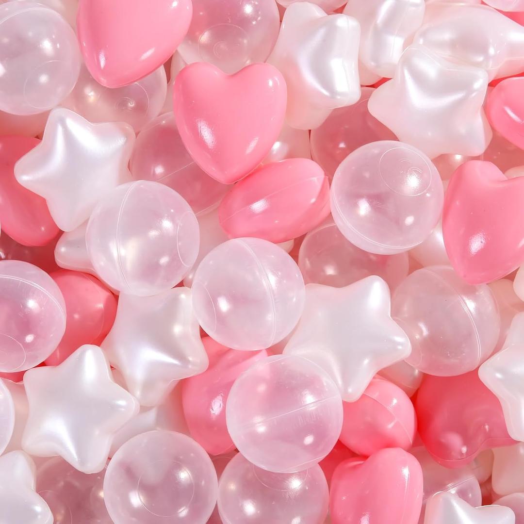 Ball Pit Balls 500 Plastic Balls for Toddlers Phthalate Free BPA Free Non-Toxic Crush Proof Balls Play Toys Pool Balls for Kids Ball Pit/Kiddie Pool/Playpen, Pink+Pearl White+Clear