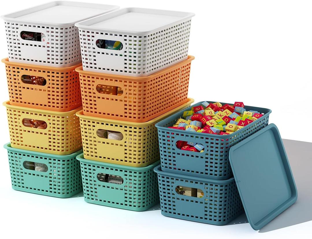 ORGIDOL Plastic Storage Basket with Lids 10 Pack Stackable Colorful Storage Bins Containers with Lid, Decorative Storage Boxes for Organizing Shelves, Drawers, Playroom, Classroom, Office, Closet