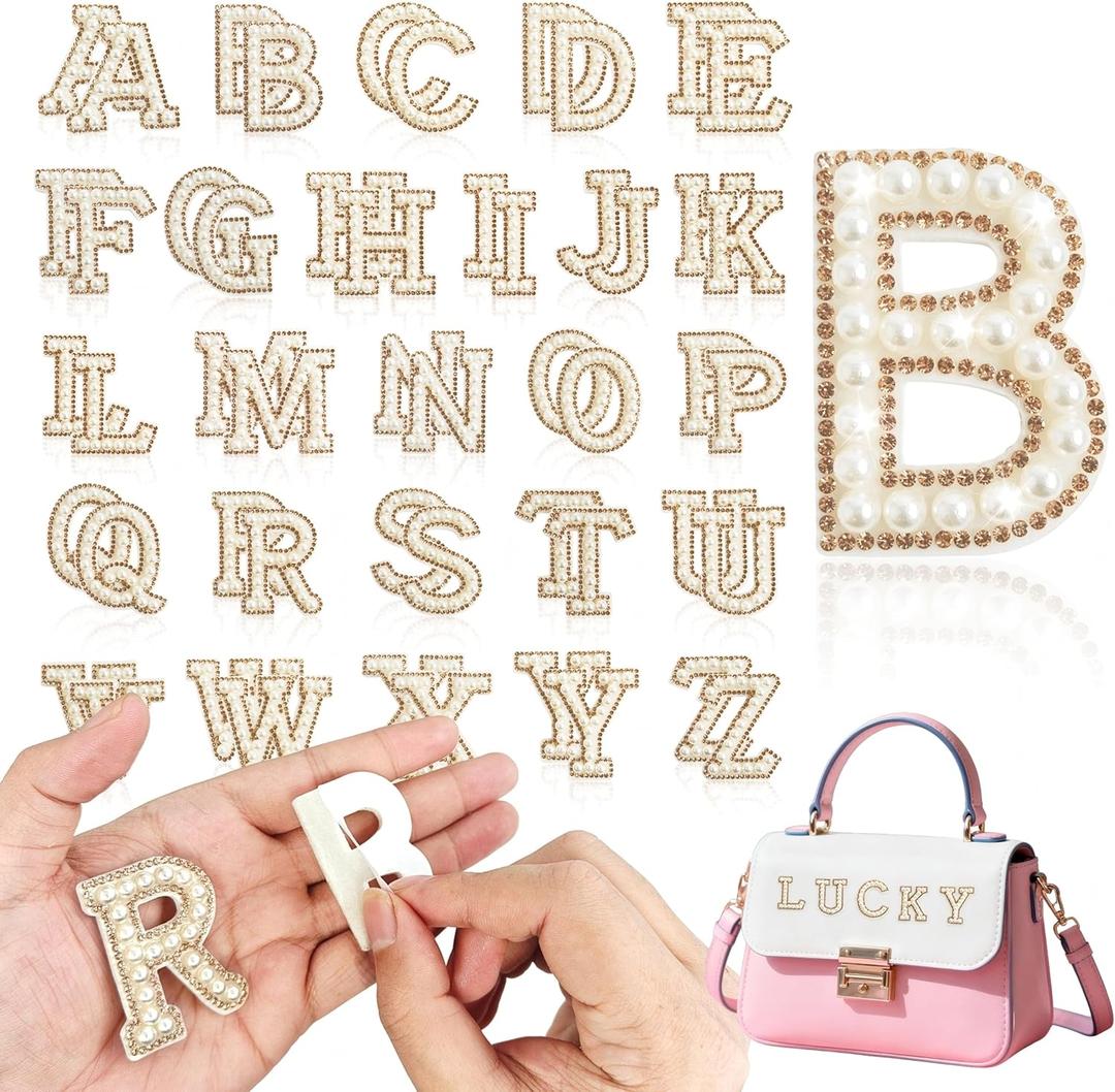 52Pcs Pearl Letter Patches, Self Adhesive Pearl Rhinestone Letter Patches A-Z for Clothes, Dress, Hat, Socks,BackpacksJeans, DIY Accessories