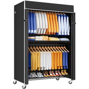 ULIFHOME P8C Pro Heavy Duty Clothes Rack（With Extended Width Design） Rolling Clothing Racks for Hanging Clothes with Lockable Wheels，42" W x 15.8" D x 80.5" H，Load 700LBS，Black Rack with Black Cover