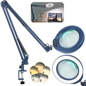 VEEMAGNI 5 Inch 12X Large Real Glass Magnifying Glass with Light and Stand, 5 Color Modes Stepless Dimmable, 2 * 16 Inch Swivel Arm LED Clamp Desk Lamp, Hands Free Lighted Magnifier for Crafting-Blue