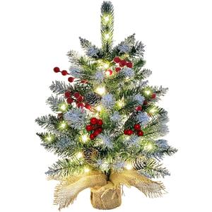 Small Christmas Tree, 22 Inches Artificial Tabletop Christmas Tree with 50 Lights,Snow Flocked Mini Xmas Tree with Pinecones Berries Wood Base for Christmas Decorations Indoor Home Decor