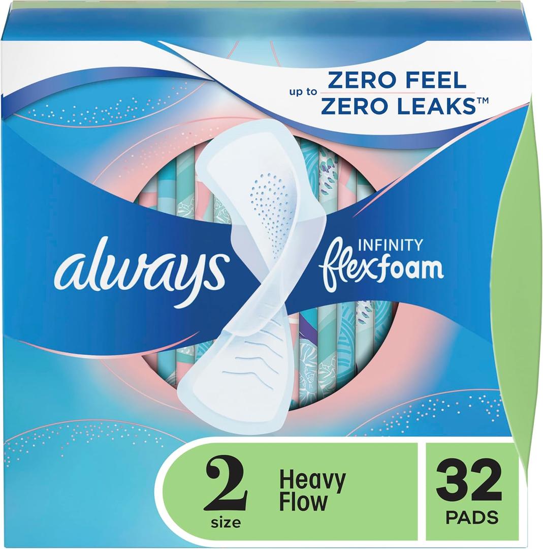 Always Infinity Feminine Pads for Women, Size 2 Heavy Flow Absorbency, with Flexfoam, with Wings, Unscented, 32 Count