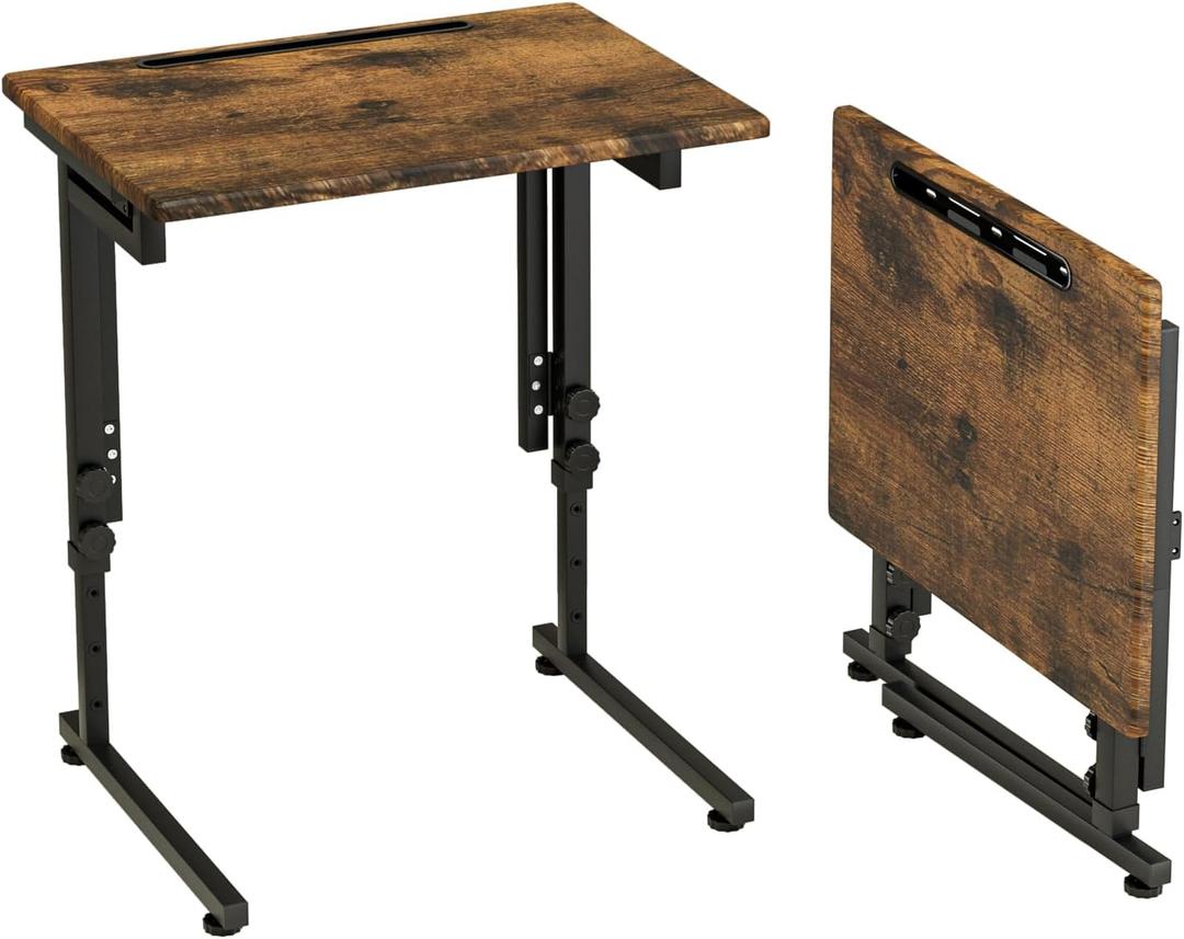 Adjustable Folding TV Tray Table,TV Dinner Small Foldable C-Shaped End Table for Eating,6 Height Adjustable Slide Under Couch Side with Sturdy MDF Top,No Assembly, (Brown)