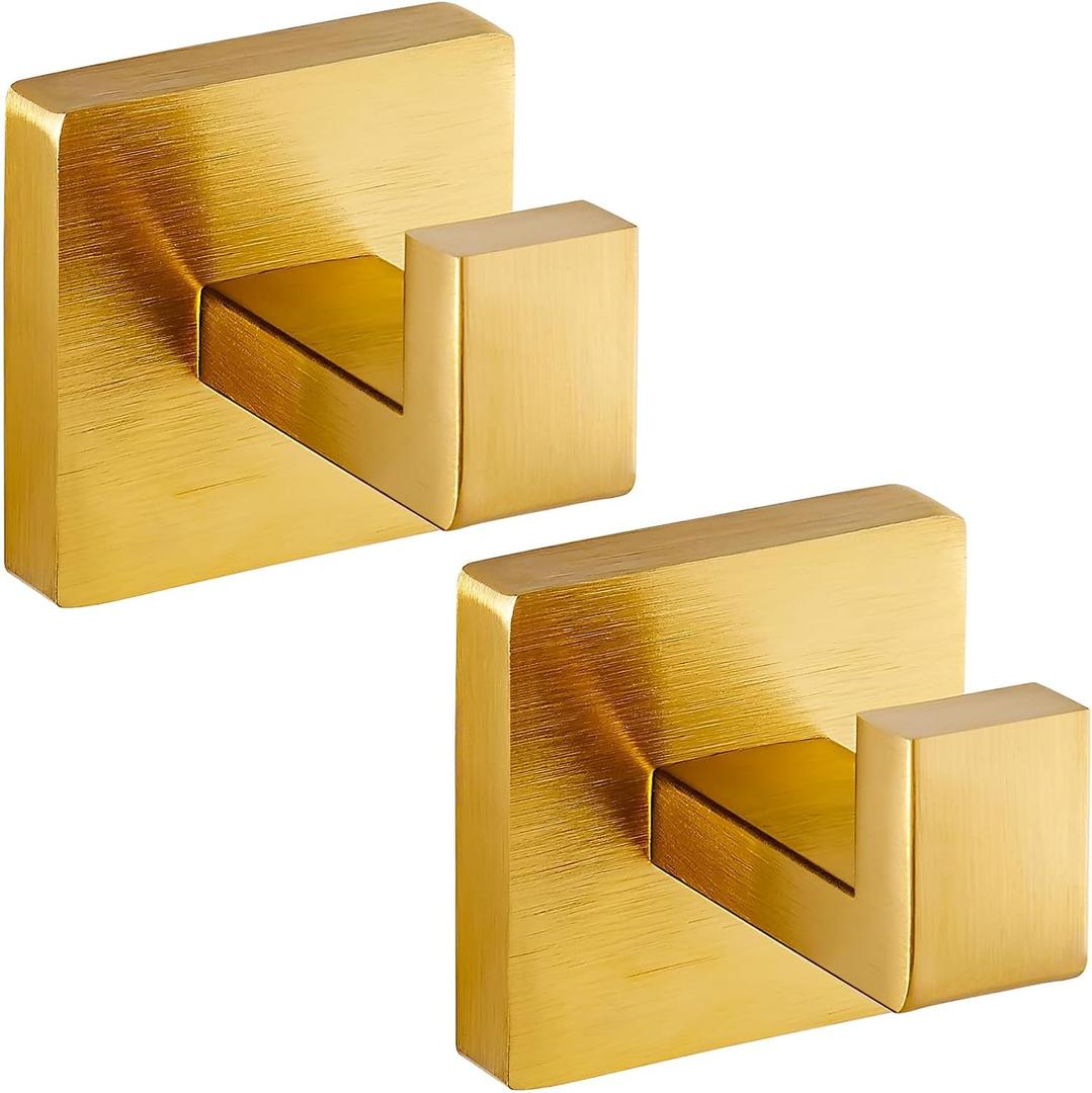 Towel Hooks for Bathrooms, Heavy Duty Wall Mounted Stainless Steel Modern Hook,  Ideal for Hanging Towels, Robes, Coats, in Kitchen, Bedroom, Bathroom, or Hotel (2 Pack, Brushed Gold)