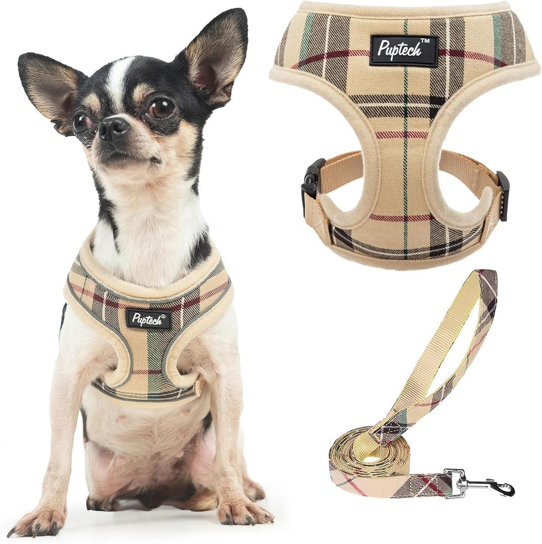 PUPTECK Soft Mesh Dog Harness and Leash Set Pet Puppy Cat Comfort Padded Vest No Pull Harnesses, Beige, XS (XS (NECK: 10", CHEST: 10"-14"))