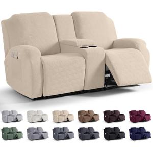 KinCam Loveseat Recliner Covers with Middle Console Slipcover, Recliner Sofa Covers 2 Seat Couch Cover Stripe Jacquard Furniture Protector Covers with Elastic Bottom for Kids, Pets (Vanilla)