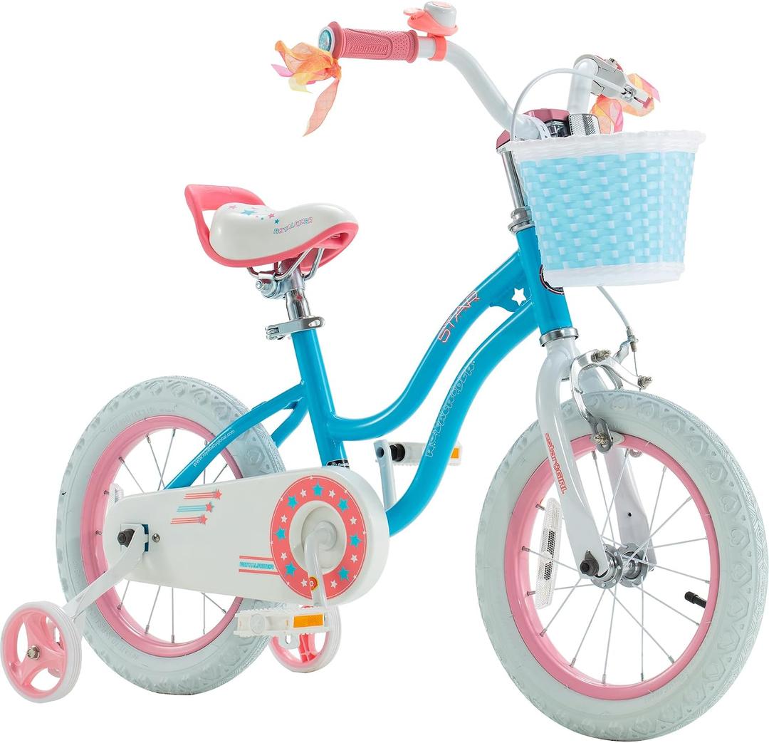 Royalbaby Stargirl Children's Bicycle Outdoor Adventure Ride-On Bike with Training Wheels, Adjustable Seat, and Basket, 14 Inch, Blue