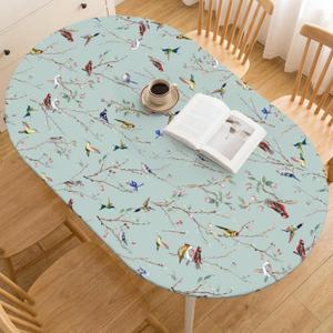Horaldaily Spring Fitted Tablecloth 68 x 48 Inch Oval, Spring Colorful Birds Branch Green Washable Table Cover Elastic Edged for Dinning, Picnic, Camping, Banquet
