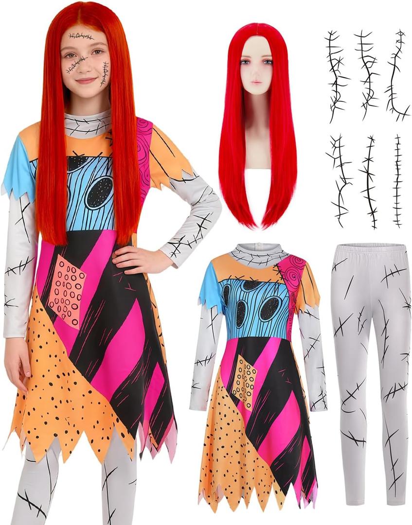 Kids Christmas Nightmare Costume Girls Halloween Costumes Long Sleeve Dress with Patch Movie Character Cosplay Outfit (3-4 Years, Multi-color)