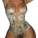 Women's Sexy One Piece Swimsuits Lightweight Metallic Bodysuit Rave Outfits Plunge High Cut Cheeky Monokini Bathing Suit (Gold, L)
