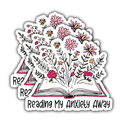 (3Pcs) Reading My Anxiety Away Sticker, Funny Quotes Vinyl Stickers Decorate for Water Bottles, Books, Laptops, Phones, Tumblers, Size 2.8 x 3 Inch