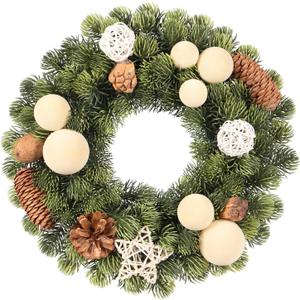 Small Christmas Wreath, 13Inch Artificial Beige Velvet Ball Pine Cone Mini Wreaths for Front Door Christmas Decorations, for Indoor Outdoor Home Hoilday Party Xmas Wall Decor.