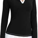 MathCat Women's Golf Shirts, Long Sleeve Polo Shirts Collared V Neck Tennis Shirts Breathable Athletic Tops (Large, Black)