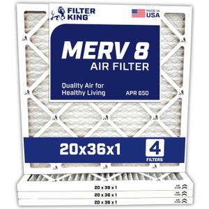 Filter King 20x36x1 Air Filter | 4-PACK | MERV 8 HVAC Pleated A/C Furnace Filters | MADE IN USA | Actual Size: 19.5 x 35.5 x .75"