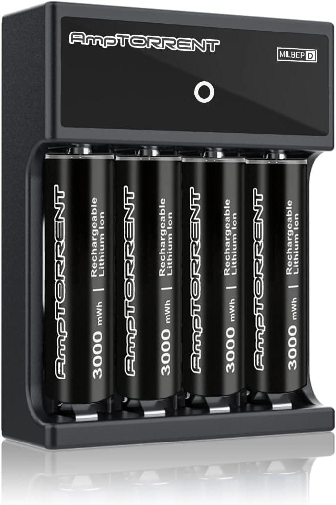 Rechargeable Lithium AA Batteries, 3000mWh Lithium AA Battery, AA Batteries Rechargeable with Charger, 2h Fast Charge, 1.5V Constant Output, Lasting Power, Leakproof Design, 1600 Cycles