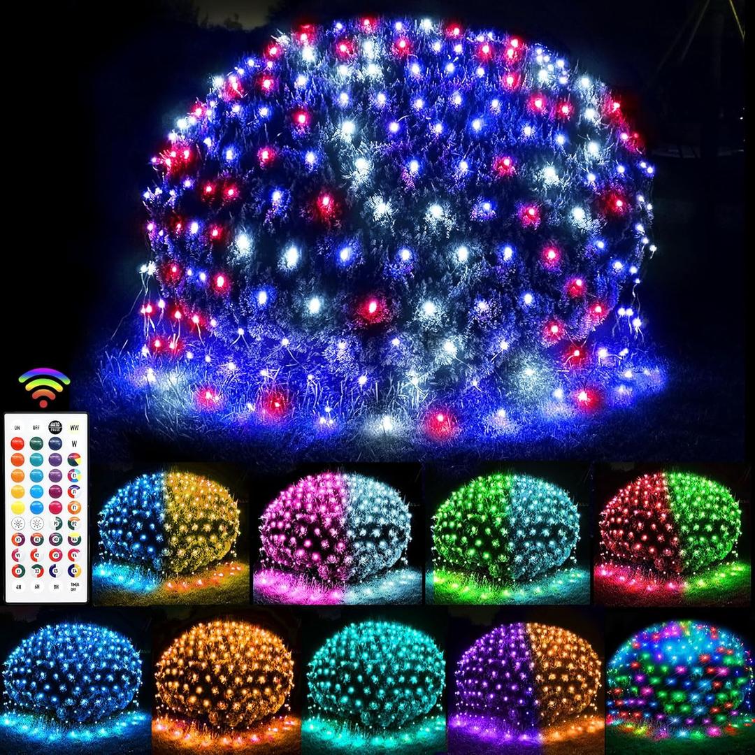240 LED Net Lights, 35 Colors Changing 4th of July Net Lights Outdoor Clear Wire, 14.8ft x 5ft Connectable Red White Blue Mesh Lights for Bushes Christmas Halloween Holiday Party Hedge Patio Decor