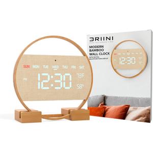 Driini Modern Large Digital Wall Clock - Bamboo Wood with Large LED Display- Day of Week, Time, Temperature, and Humidity - Aesthetic Living Room Clock or Office Wall Clock - Desk or Wall Mount.