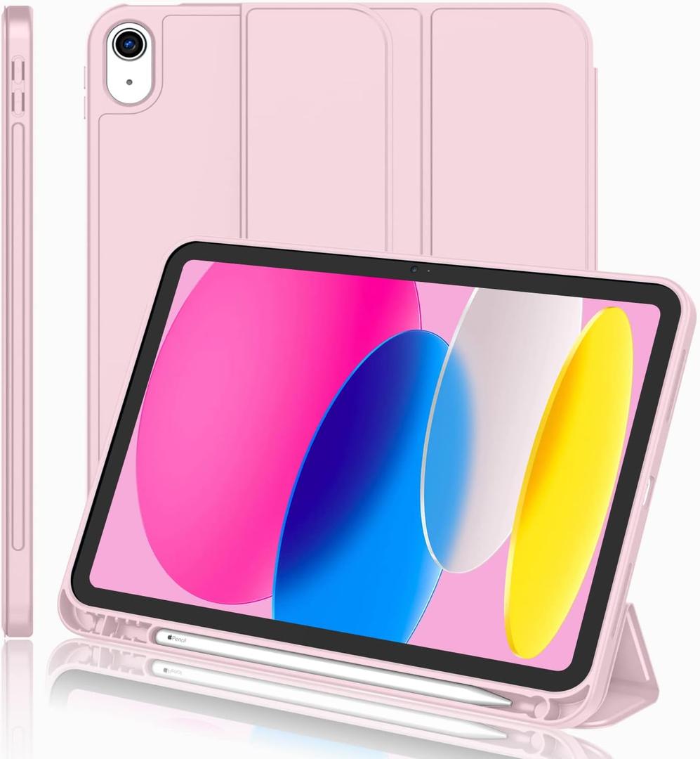 iMieet iPad (A16) Case/iPad 10th Generation Case [11-Inch 2025/10.9 Inch 2022] with Pencil Holder, Trifold Stand Smart Cover with Soft TPU Back, Auto Wake/Sleep (Pink)