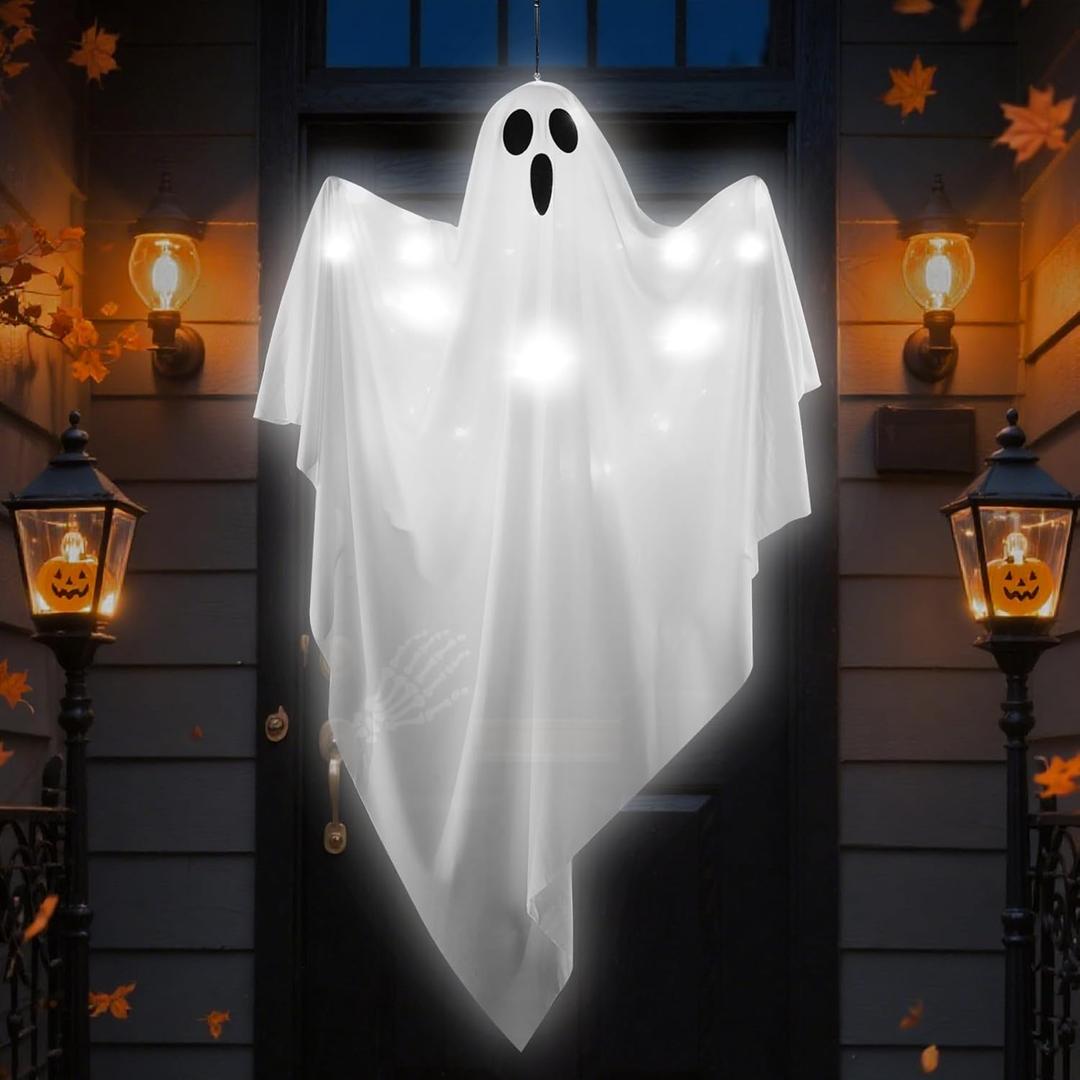 Halloween Decorations Outdoor, White Hanging Ghost Hanging Light up with Blue LED Light, Halloween Window Decoration for Front Yard Patio Lawn Garden Party Decor Indoor Outside (Cold White)