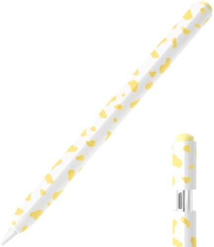 Pack of 2 JOOSKO Cow Print Pencil Case for Apple Pencil (USB-C), Comfortable Grip, Side Thin Silicone Sleeve, Supports magnetic attachment. (Yellow)