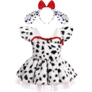 AWIBMK Baby Girls Dalmatian Cow Dress with Ears Headband Halloween Costume Cosplay Role Play Cake Smash Clothes 3-24 M (12-18 Months, Black White Dalmatian)