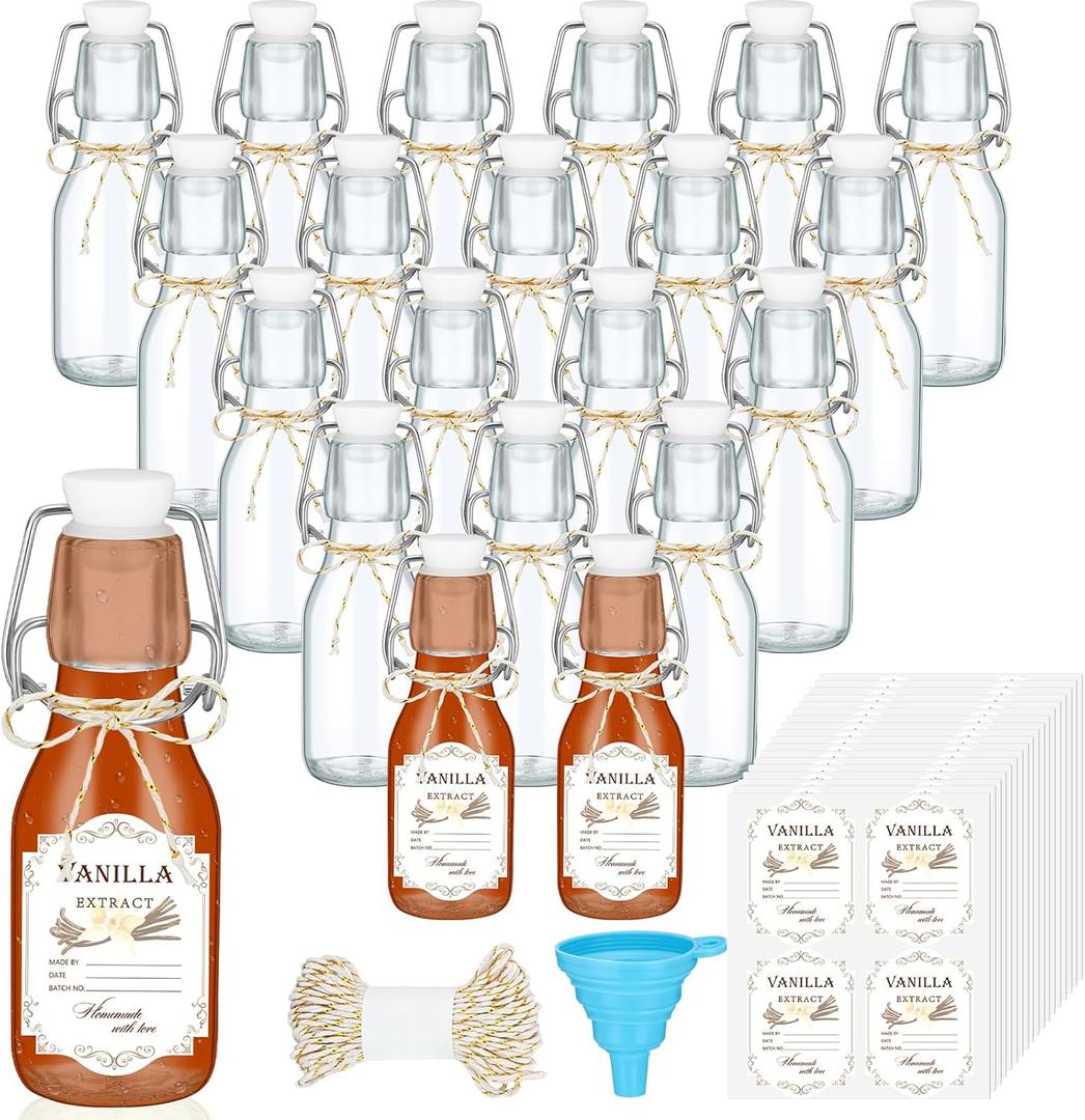 Queekay 20 Pack Mini Swing Top Glass Bottles for Vanilla Extract Homemade Olive Oil Bottles with Lids Airtight Cap Lids Labels for Wedding Baby Shower Favors (Clear,4oz) (118ml)