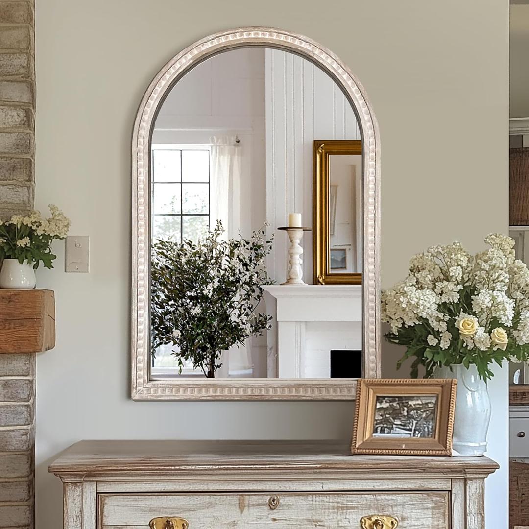 Arched Vanity Wall Mirror 36 x 24 Inch Beaded Wood Frame Boho Farmhouse Decorative Mirror for Bathroom Bedroom Entryway Living Room (Vintage White)