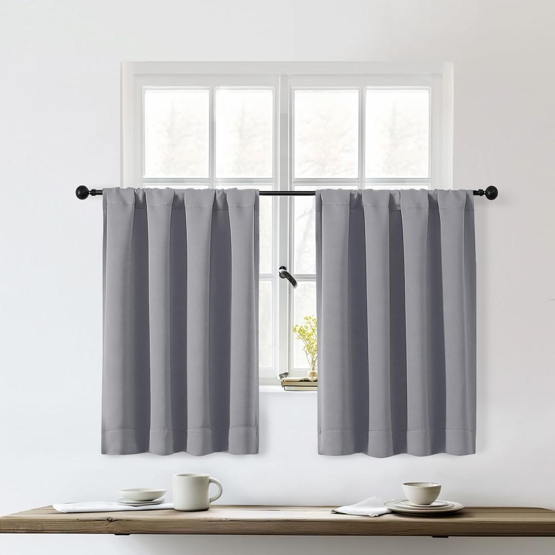 OWENIE Sally Silver Grey Short Blackout Curtains 36 Inch Length 2 Panels Set, Half Window Rod Pocket Privacy Room Darkening Curtain Tiers for Kitchen Bathroom Shades, 2 Pcs Each W40 x L36 Inch, Silver