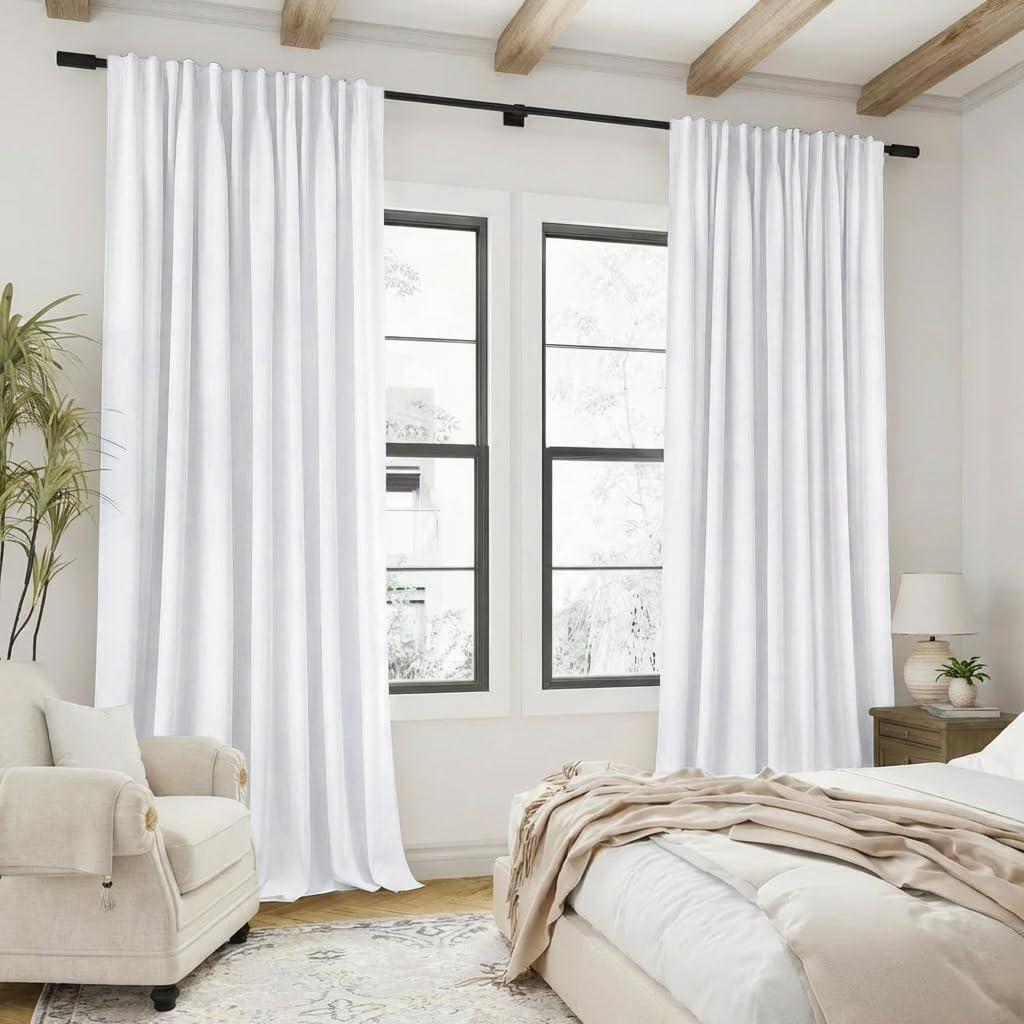 Extra Wide 70 Inch Blackout Soundproof Curtains for Bedroom, Scandinavian Modern Style Faux Linen Black Out Drapes 84 Inch Length 2 Panel Set for Living Room, Greyish White,Cortinas Blancas Blackout