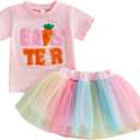 Amnnchya Toddler Girl Easter Outfit Carrot Short Sleeve Kids Baby Tee Shirt Tops Tutu Dress Little Girls Summer Skirt Set (Pink, 3-4T)