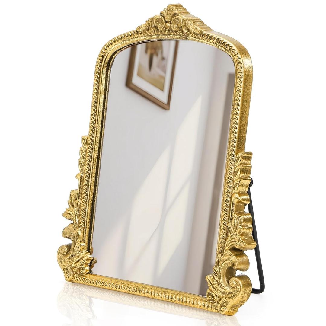 ZOOFOX Vintage Vanity Desk Table Mirror, 11.8" x 9.6" Arched Antique Makeup Mirror with Full Wooden Frame, Small Standing Carved Baroque Mirror for Living Room, Bedroom Dresser, Desktop Decor