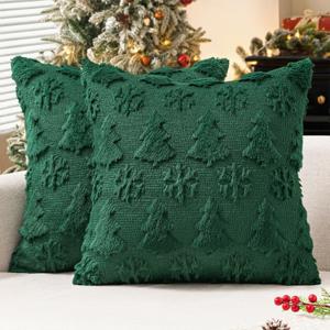 MIULEE Christmas Throw Pillow Covers 18x18 Set of 2 Christmas Decorations Dark Green Soft Plush Faux Fur Wool Xmas Tree Snowflakes Pillowcases Holiday Festivals Winter Home Decor Sofa Couch Bed Porch