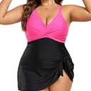 Women Plus Size Swim Dress Tummy Control One Piece Swimsuit V Neck Wrap Full Coverage Bathing Suit Cute Tie Knot, Size: 4XL