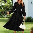 Simplee Womens Boho Floral Long Sleeve Maxi Dress V Neck Empire Waist Fall Wedding Guest Dresses with Pockets (Black), Large