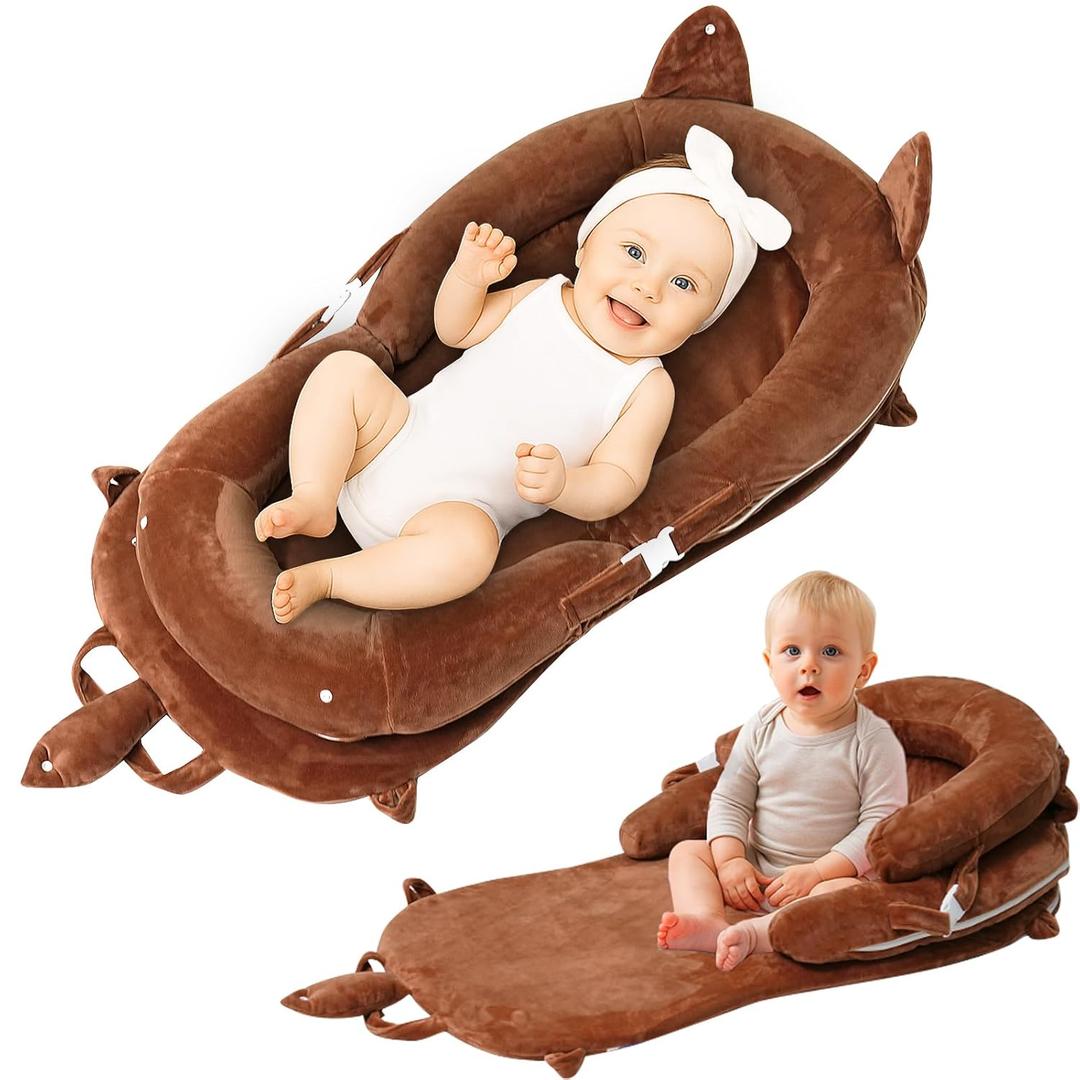 Baby Lounger  Infant Lounger Lounger for Newborn 0-24 Months, Breathable Portable Infant Lounger for Home Travel, with Detachable Support Pillow-Brown