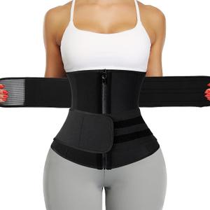 KIWI RATA Neoprene Sauna Waist Trainer Corset Sweat Belt for Women Compression Cincher Band Workout Fitness Back Support (Large, #1 Zipper Black(9 Steel Bones 2 Straps))