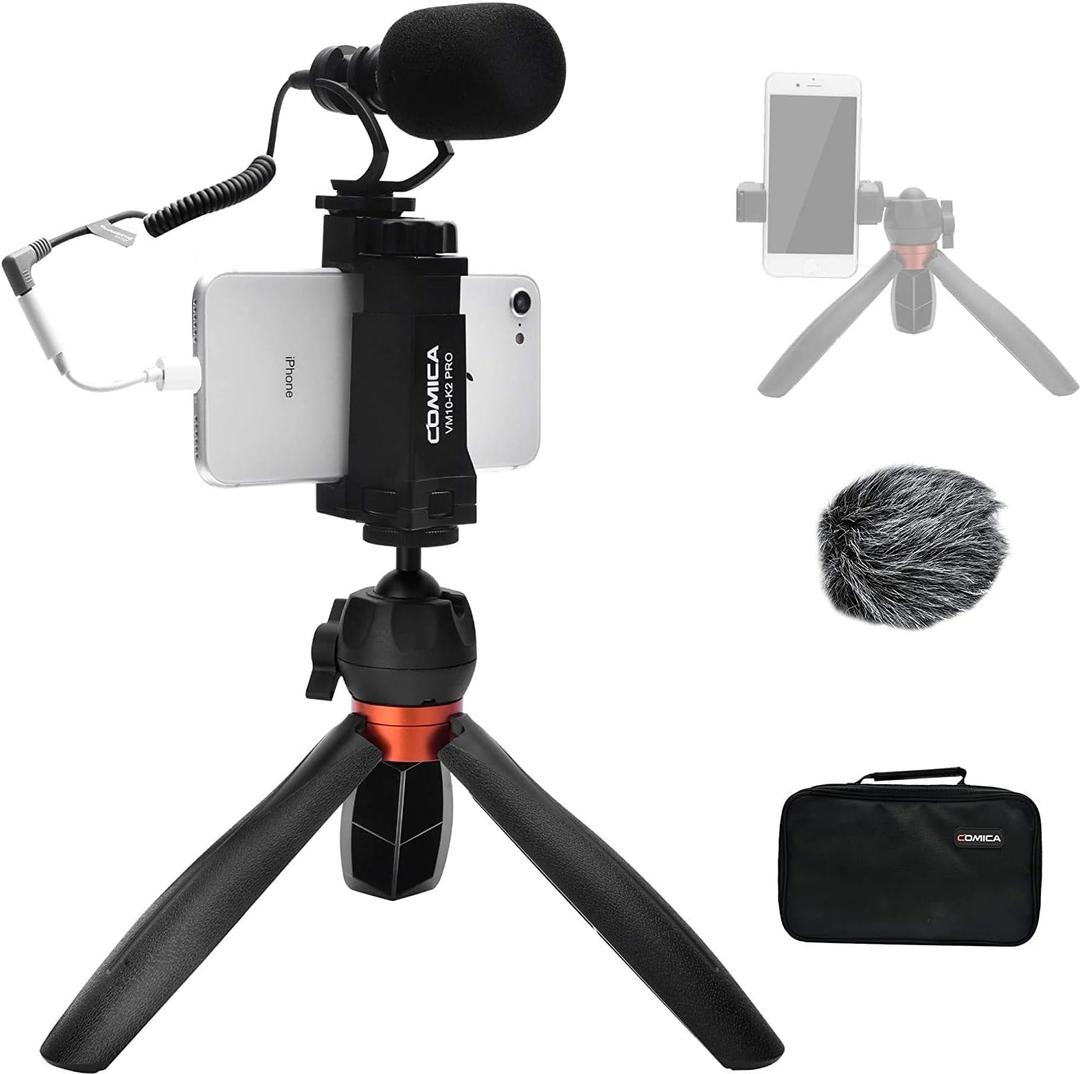 COMICA Smartphone Microphone with Mini Tripod, CVM-VM10-K2 PRO Video Shotgun Mic for iPhone and Android Phones, Vlogging Kit for YouTube Recording Facebook Live, Filmmaker Accessories