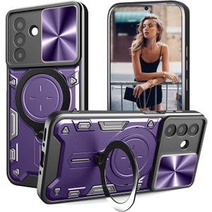 for Samsung Galaxy S26 Rugged Case with Slide Camera Lens Cover, Heavy Duty Shockproof Protective Case with Magnetic Ring Kickstand for Galaxy S26 - JS Purple