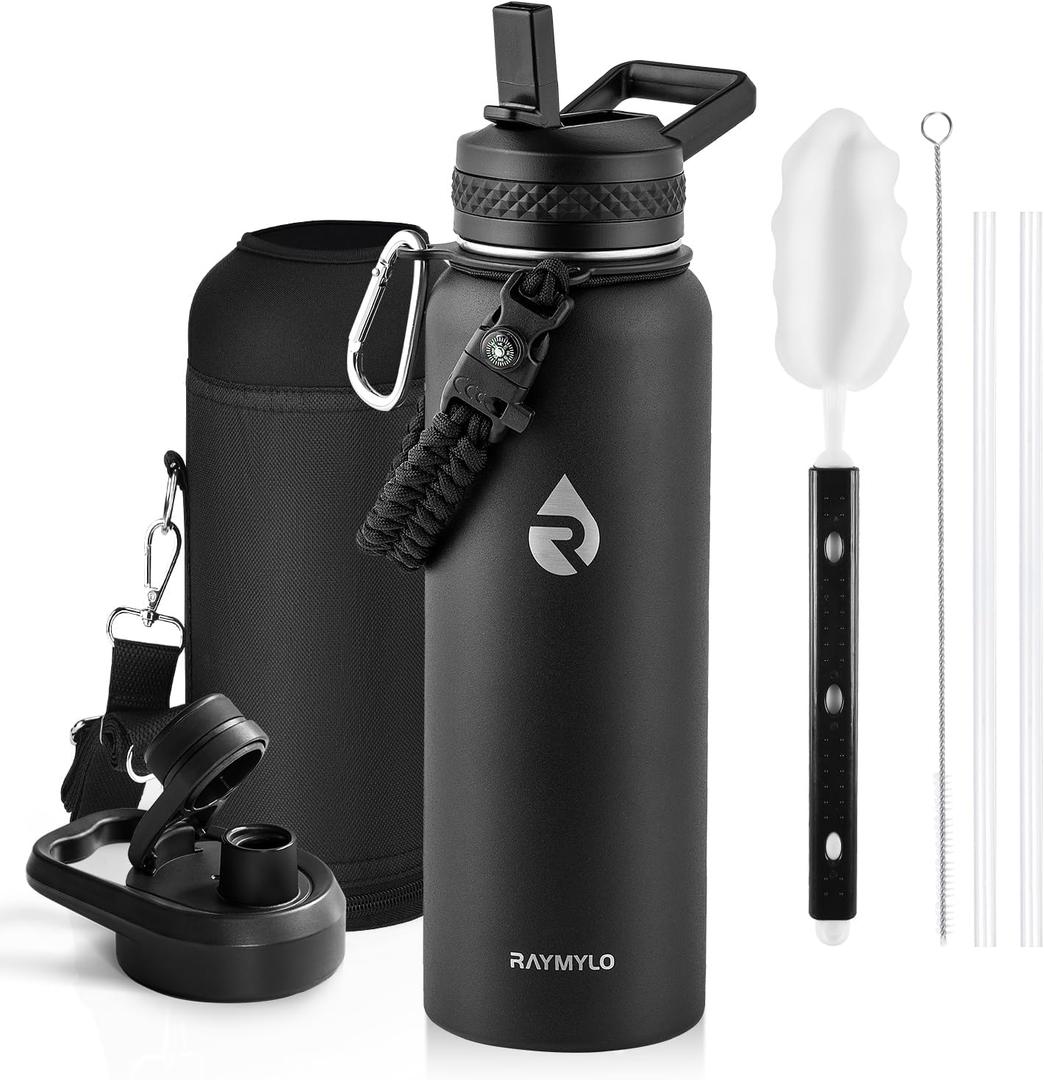 RAYMYLO Insulated Water Bottle 40 oz, Triple Wall Vacuum Stainless Steel (Cold for 36Hrs, Hot for 18Hrs), Leak Proof & Non-BPA, Modern Water Flask Jug with Paracord Handle & Straw Spout Lids