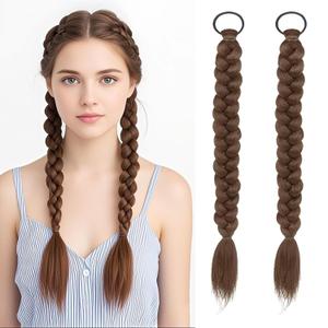 Braided Ponytail Hair Extensions Clip-in 2Pcs Set with Hair Ties - Soft Synthetic Hairpieces for Women, Natural Look Wrap Around Extensions for Daily Wear, 17 Inch Light Brown