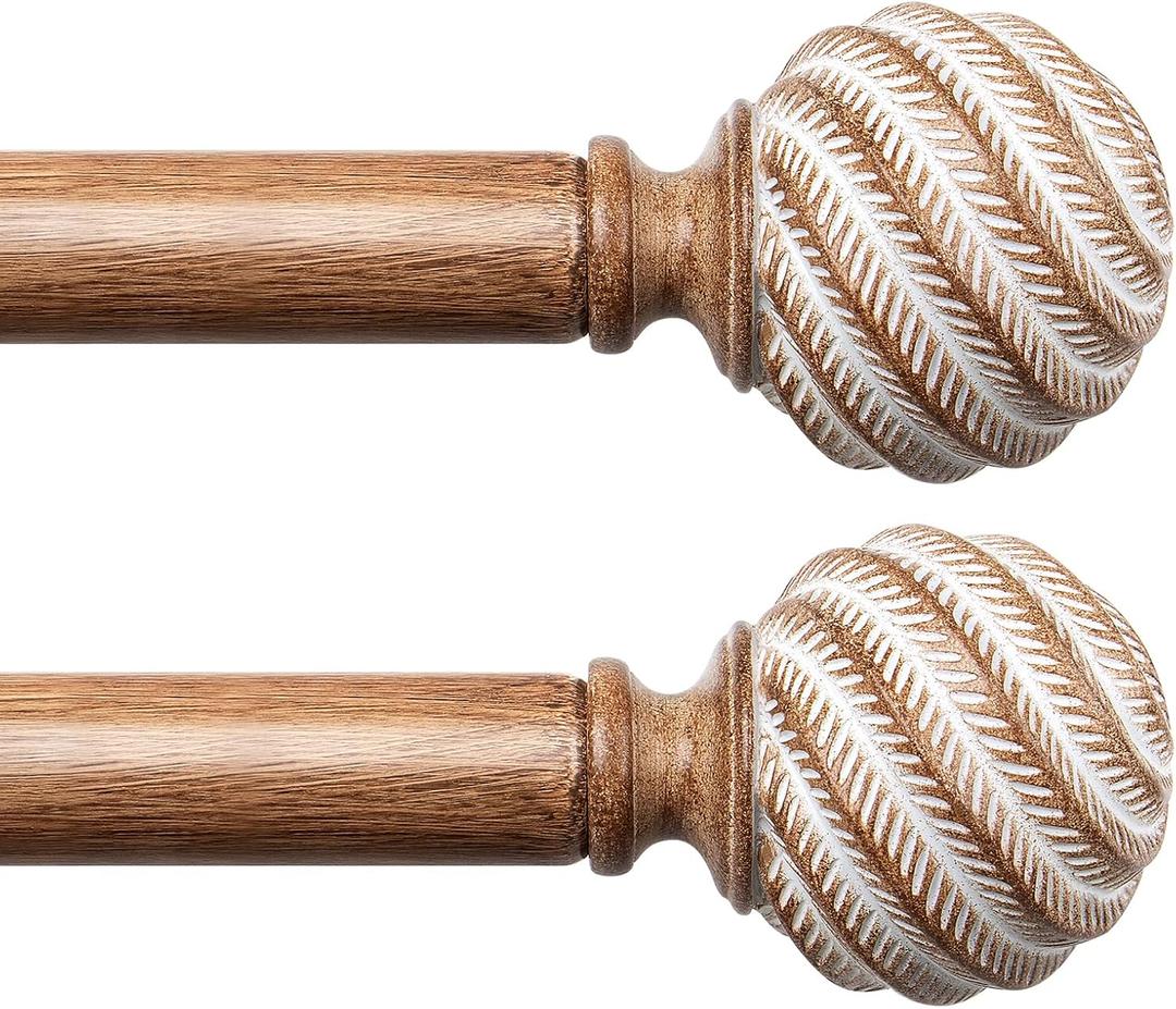 Wood Curtain Rods for Windows 2 Pack, TONIAL 1 Inch Adjustable Heavy Duty Drapery Rods 32-58 Inch with Wood Grain Leaf Pattern Finials, Boho Curtain Rod for Living Room, Bedroom, Indoor, Outdoor