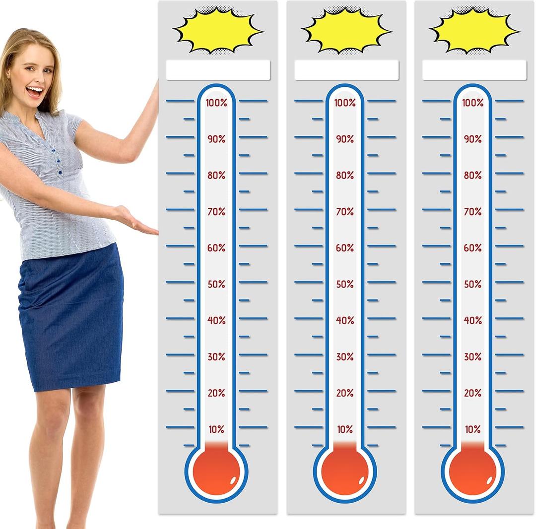 3 Pcs Fundraising Thermometer Goal Charts 11" x 46.5" Dry Erase Goal Trackers Chart Thermometer Setting Wall Poster Vinyl Sticker Chart for Home Office(White)