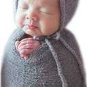 Newborn Photography Props Girls Boys Fabric Bonnet Hat Cap & Wrap Blanket Basket Stuffer Photo Shoot Prop Set (Gray)