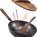 Wok Pan 12.5", Woks and Stir Fry Pans with lid, Carbon Steel Wok with Cookware Accessories, Flat Bottom Suits for all Stoves