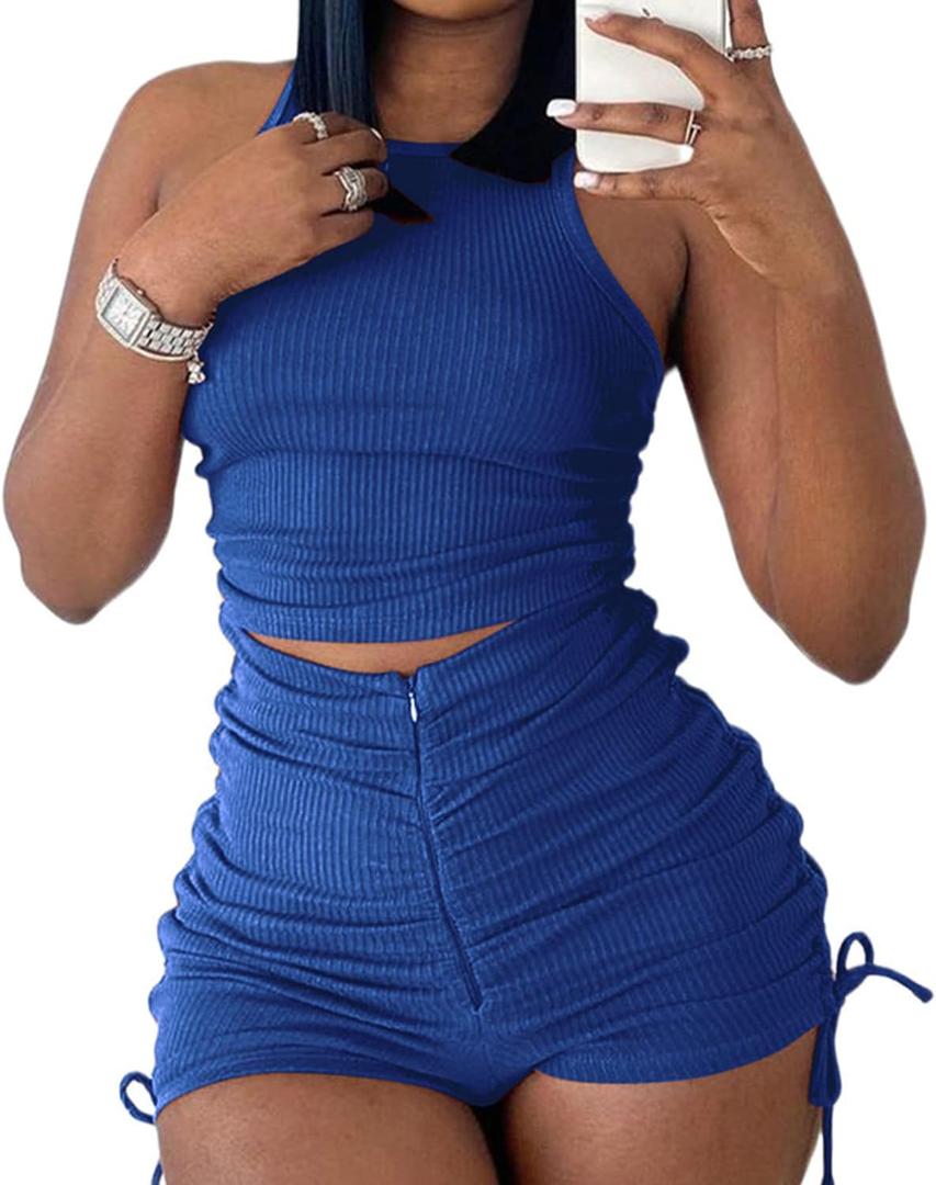 PYAEAS Summer Two Piece Outfits for Women, Casual Stretchy Ribbed Tank Crop Top Ruched Shorts Set Workout Tracksuits (Blue, L)