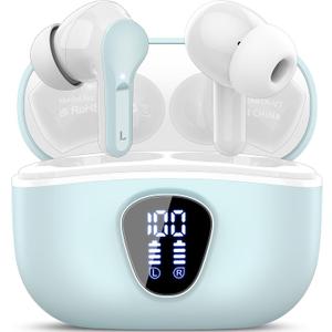 Wireless Earbuds, Bluetooth 5.4 Headphones HiFi Stereo, Bluetooth Earbuds with ENC Noise Cancelling Mic, IP7 Waterproof in Ear Earphones, 48H, LED Display Ear buds for Pad Phones Workout Sports, Azure