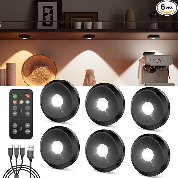 Rechargeable Puck Lights with Remote, Black 2400mAh Battery Touch Light, Magnetic Tap Light Wireless LED Under Cabinet Lighting Mini Push Button Lamp, Sitck On Lights for Kitchen, Closet, Book Shelf