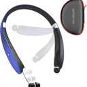 AMORNO Foldable Bluetooth Headphones Wireless Neckband Headset with Retractable Earbuds, Sports Sweatproof Noise Cancelling Stereo Earphones with Mic (Blue)